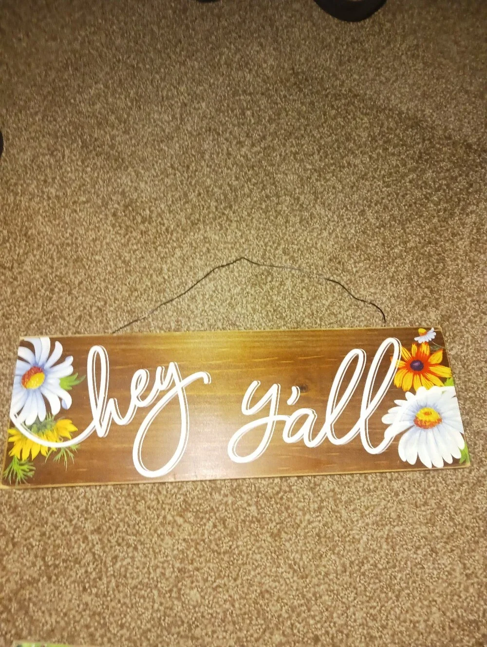 Hey Y'all Wooden Wall Sign - Brown with White Script and Floral Accents